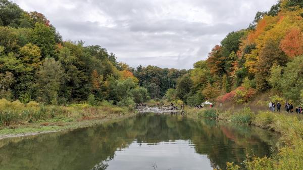 A river surrounded by trees in early fall, with people walking along a trail on the right