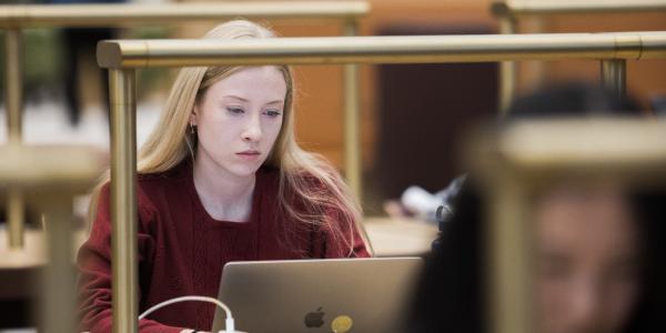 Student sitting in library.