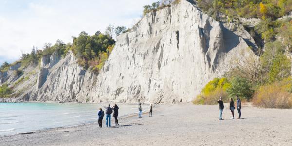 Two groups of people standing on a beach with large sand bluffs behind them
