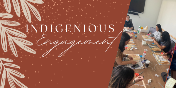 Collage of Indigenous student activities with text overlaid that says "Indigenous Engagement"
