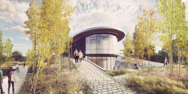 Rendering of a modern building with big windows and a cobble stomp pathway surrounded by trees leading up to it