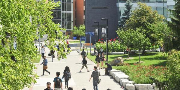Students walking along path outside campus buildings.