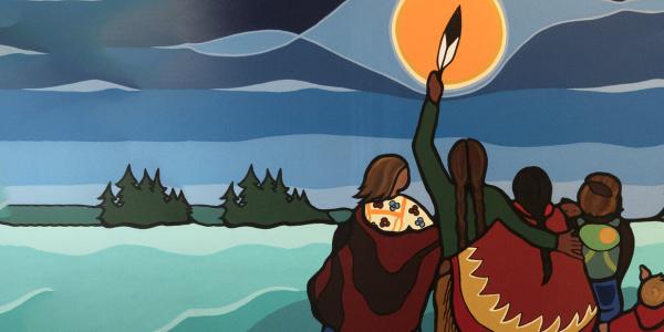 An Indigenous painting with four people looking over a lake, one person holding up a feather
