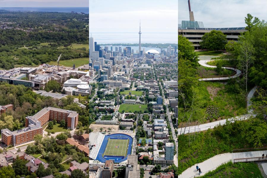 Collage of overhead images from University of Toronto Mississauga, St. George, and Scarborough.