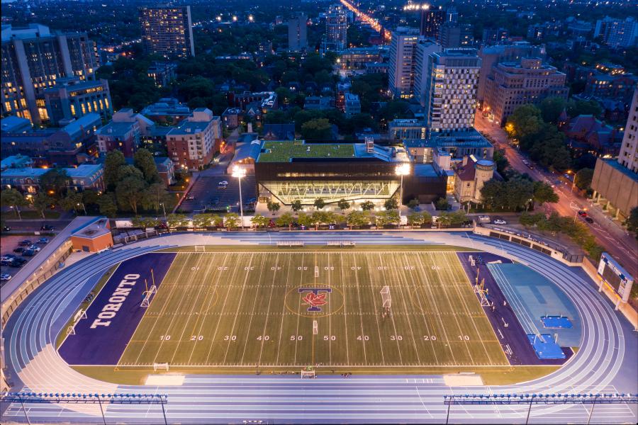Varsity Stadium football field at night