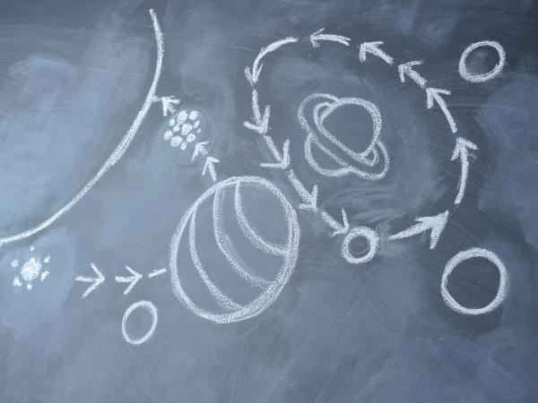 Chalk drawing of planets and orbital paths on a blackboard