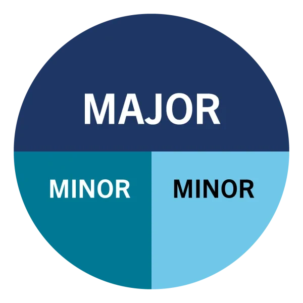 A circle divided in three sections: one half and two quarters. The half section reads "major", and each of the two quarter sections read "minor".
