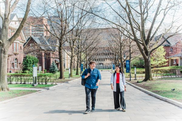 Two students walking down a path lined with trees in bloom